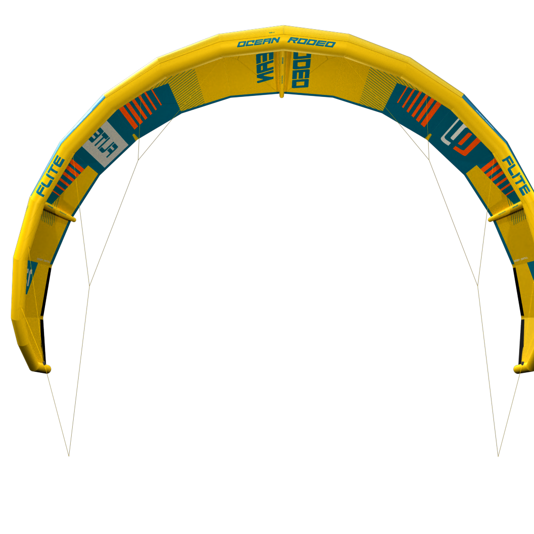 Ocean Rodeo Flite 3S A-Series. Image shows a blue and yellow kite with 'Ocean Rodeo' branding.