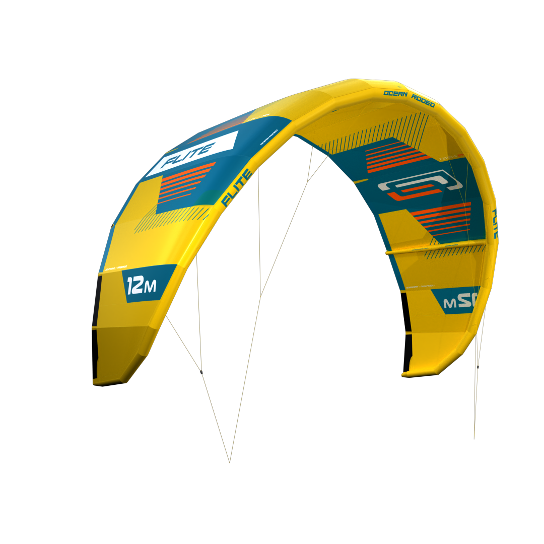 Ocean Rodeo Flite 3S A-Series. Image shows a blue and yellow kite with 'Ocean Rodeo' branding.