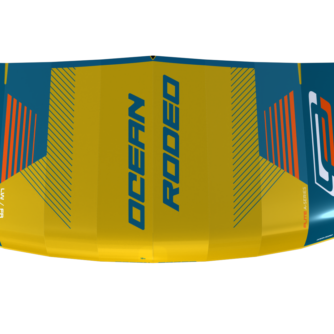 Ocean Rodeo Flite 3S A-Series. Image shows a blue and yellow kite with 'Ocean Rodeo' branding.