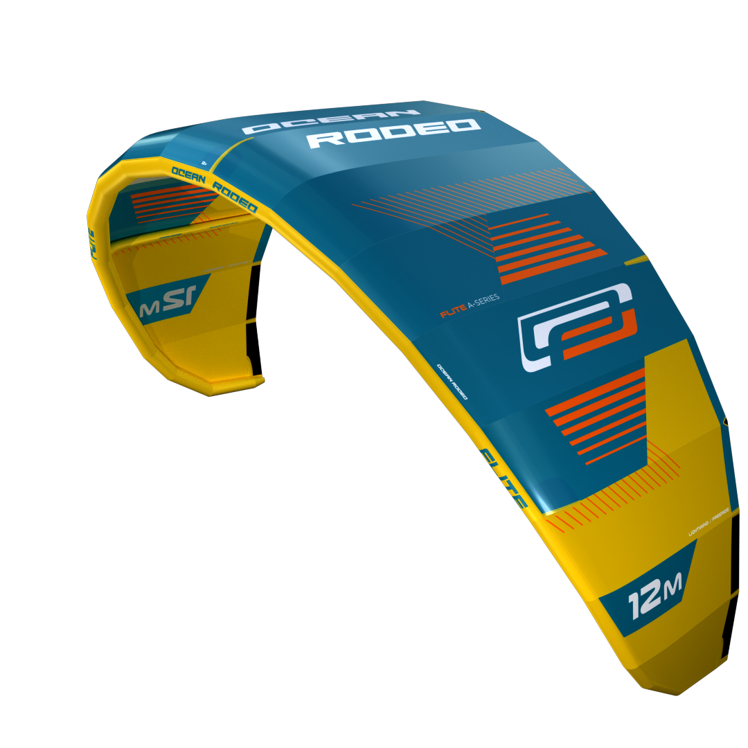 Ocean Rodeo Flite 3S A-Series. Image shows a blue and yellow kite with 'Ocean Rodeo' branding.
