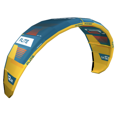 Ocean Rodeo Flite 3S A-Series. Image shows a blue and yellow kite with 'Ocean Rodeo' branding.