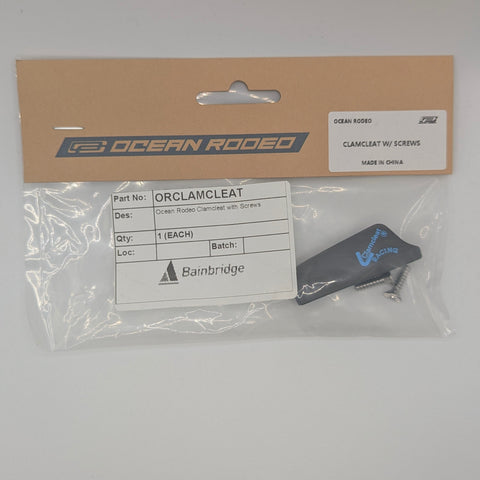 Packaged Ocean Rodeo clamcleat with clear plastic cover on gray background