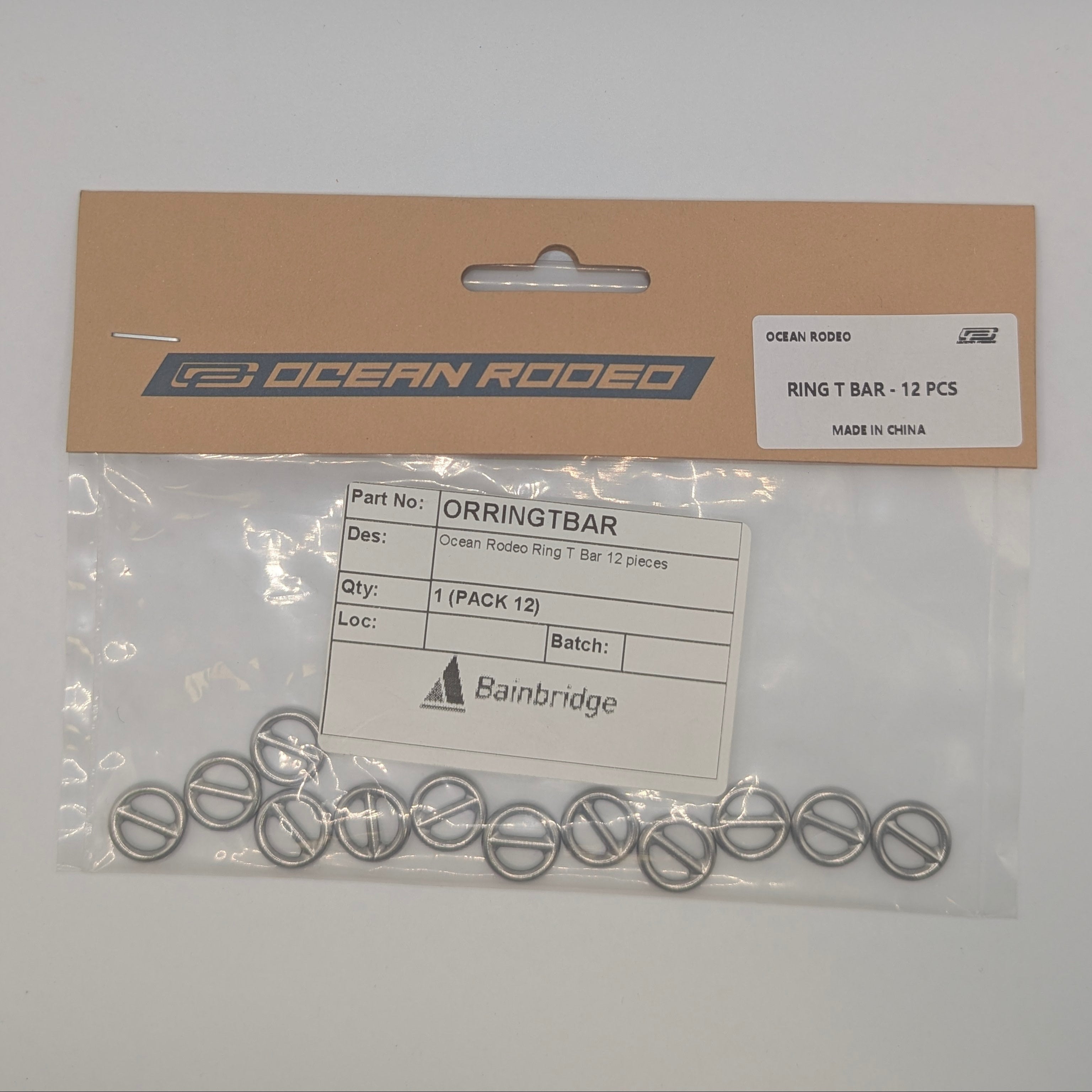 12 pack of T-Bar Rings. Replacement part for Ocean Rodeo kiting gear.